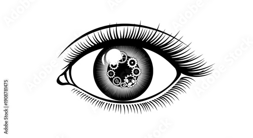 Mechanical eye with intricate gear pattern in pupil