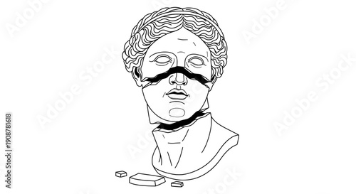 contemplative young man with curly hair and mustache bust line drawing
