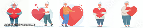 vector grandmother standing hugging red heart symbol