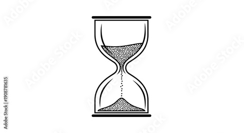 Minimalist black and white line drawing of sand flowing through hourglass