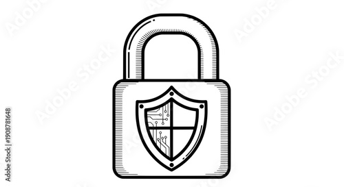 black white line drawing rectangular padlock shield coat arms symmetrical pattern