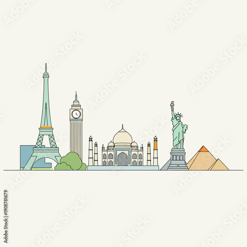 Famous global landmarks skyline illustration in pastel colors
