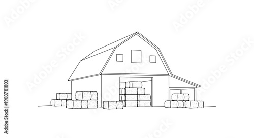 wooden barn with hay bales stacked near garage in line drawing style