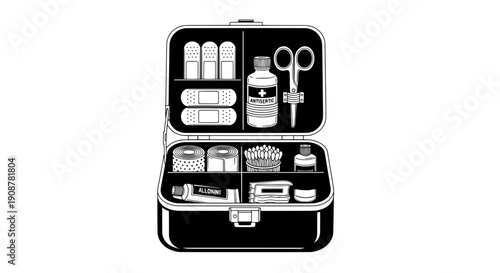 Vintage medical suitcase with bandages scissors and medicine arranged neatly