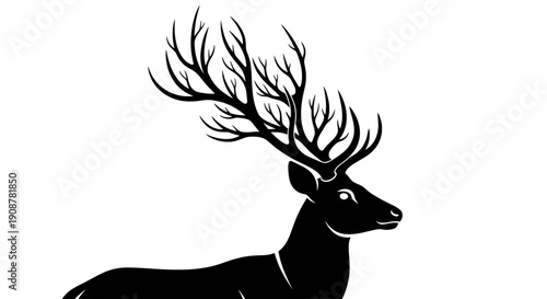 Black and white silhouette of a deer with large fan-like antlers