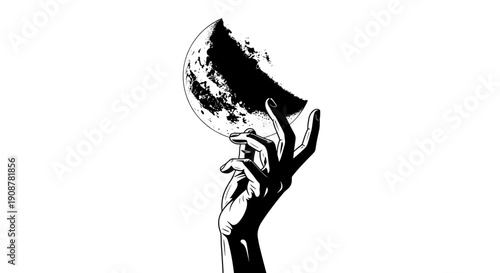 A hand cradling a detailed full moon in a minimalist black and white