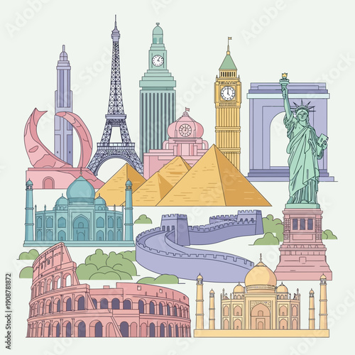 Famous Landmarks Collage: World Travel Icons