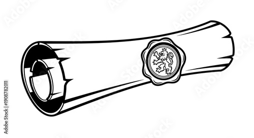 Black and white line drawing of a scroll with a lion rampant seal