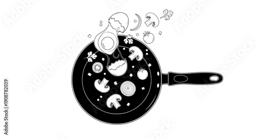 Black and white minimalistic frying pan with cooking vegetables and meat