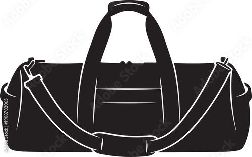 Elegant black leather duffle bag with straps isolated on white background