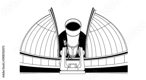 A black and white line drawing of a telescope with a cylindrical body and handle