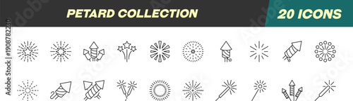 Collection of Icons of Fireworks. Suitable for books, stores, shops. Editable stroke in minimalistic outline style. Symbol for design