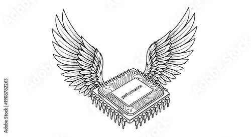 A winged computer chip with performance text in minimalist line drawing