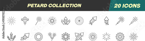 Collection of Signs of Fireworks. Suitable for books, stores, shops. Editable stroke in minimalistic outline style. Symbol for design