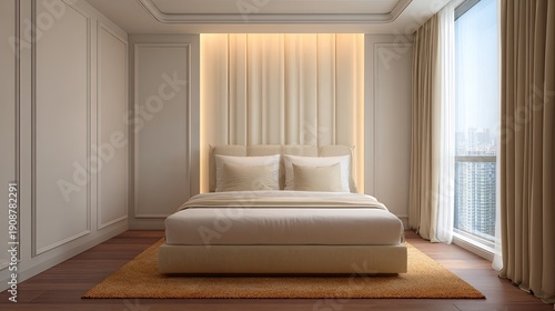 Bright and Modern Bedroom with Large Window and Soft Lighting Featuring Clean Lines and Simple Design Elements for Contemporary Living Spaces