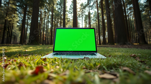 Laptop with a green screen sitting in a grassy area with a forest background in the daylight