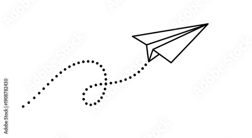 Paper airplane in flight with dotted trajectory line on white