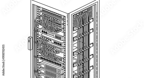 Black and white line drawing of a server rack with cables and switches