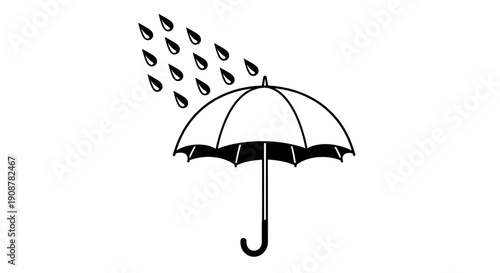 open umbrella with falling raindrops in monochrome line drawing style