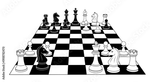 Black and white chess board with pieces in sting positions
