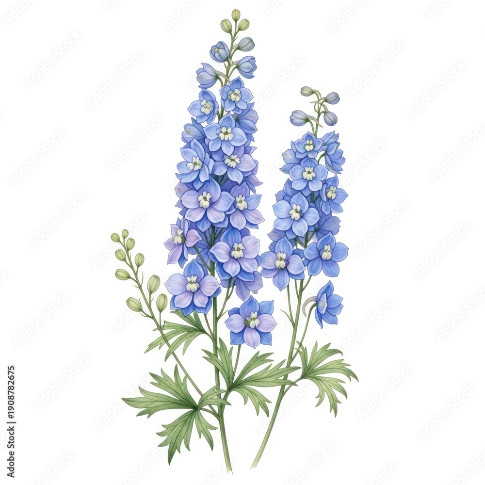 Obraz premium Vibrant Blue Delphinium Flowers Botanical Illustration on White Background.