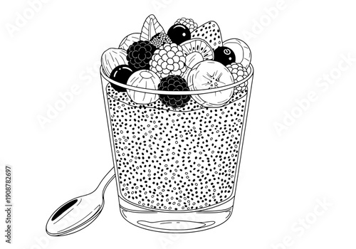 Black and white vector illustration of chia pudding with fruit in a glass cup