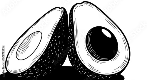 A halved avocado cut in half showing the pit and textured skin in high contrast black and white vector graphic