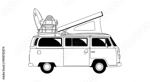 Black and white line drawing of a van with a surfboard and antenna on roof
