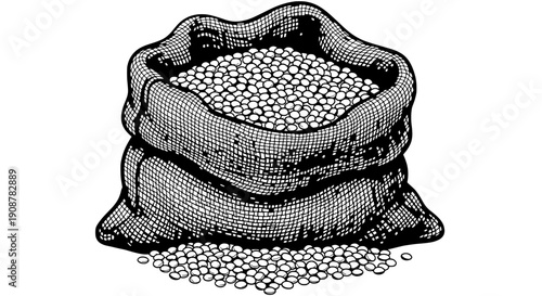 An open sack overflowing with lentils, emphasizing fabric weave and grain pile, vector illustration