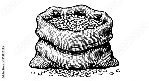 Burlap sack overflowing with lentils, vector illustration of fabric weave and grain pile