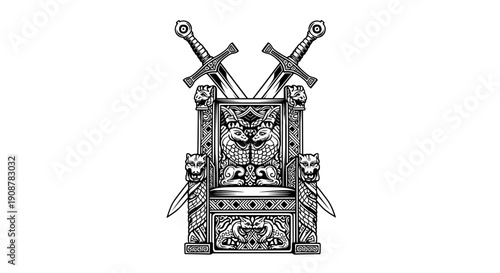Ornate black and white throne with crossed swords and lion heads