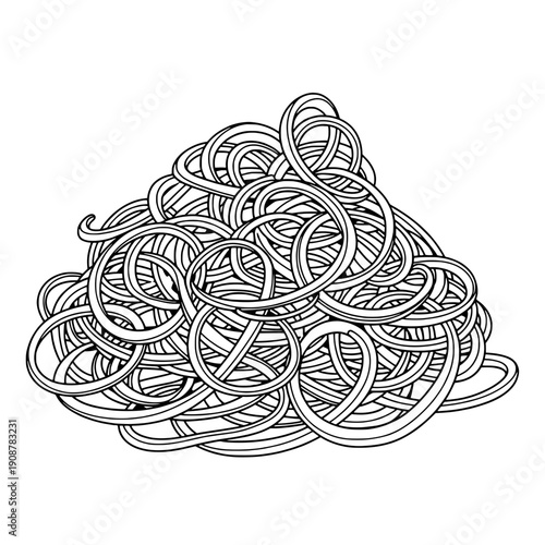 A pile of spiralized zucchini noodles, curly and ribbon-like, in a black and white vector illustration