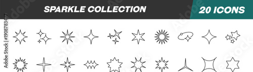 Collection of Icons of Sparkles for Shops and Stores. Suitable for books, stores, shops. Editable stroke in minimalistic outline style. Symbol for design
