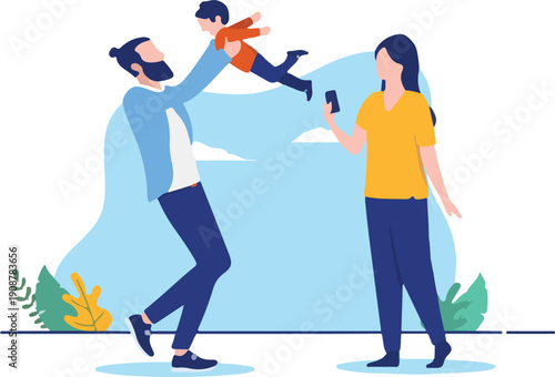 Parents playing with kid - Man and woman having fun outdoors with child boy taking photos and lifting him up in air. Flat design vector illustration with white background.