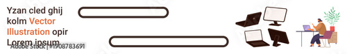 Remote work, workplace organization, technology tools, freelance lifestyle, online productivity, digital workspace. Multiple monitors, laptops and a desk with a person working remotely. Remote work
