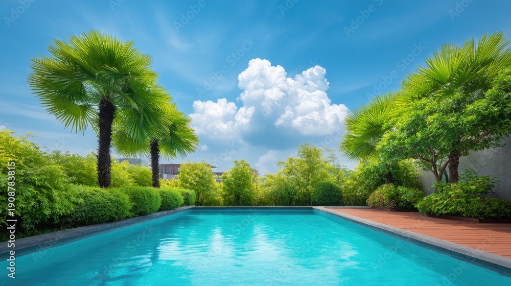 Fototapeta premium Tranquil Outdoor Oasis with Lush Greenery and Sparkling Blue Swimming Pool Under Bright Blue Sky and Fluffy White Clouds in Relaxing Vacation Setting