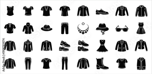 Collection of various black clothing and accessories silhouetted against a plain background viewed from the front