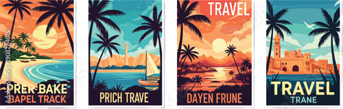 A serene travel scene with palm trees, a sailboat, and a distant building at sunset