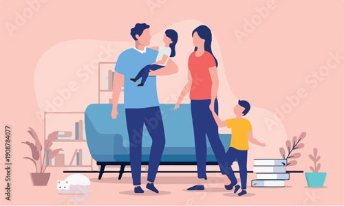 Family with children - Parents with two kids standing indoors in living room in casual clothes. Flat design vector illustration.