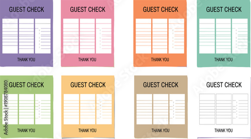 Collection of colorful guest check templates arranged in a grid layout