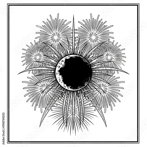 Mystical celestial body surrounded by abstract radiant sunburst or firework like pattern in a black and white illustration