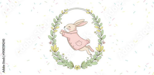 A delicate illustration of a rabbit jumping within a floral wreath adorned with flowers and leaves, showcasing a whimsical scene from a child's perspective.