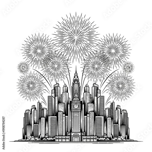 Black and White City Skyline Illustration with Celebration Fireworks Display over Urban Skyscrapers