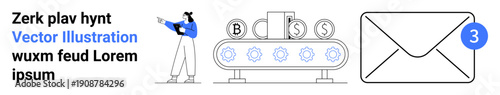 Woman managing conveyor with currency signs, processing system, email notification icon with count. Ideal for finance, automation, emails, notifications, communication, workflow systems simple