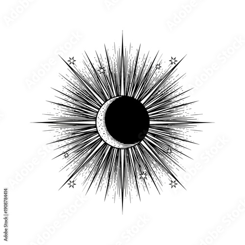 Celestial Sun and Crescent Moon Illustration Featuring Ornate Radial Burst Rays and Minimalist Decorative Stars