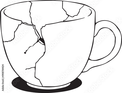 Chipped Broken Cup Hand-drawn Sketch Drawing Vector Illustration, Line Linear Symbol Engraving for Coloring Book, Black and White, Isolated