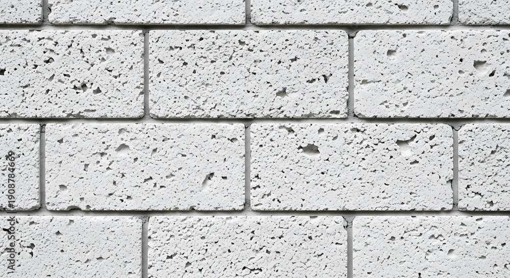 Obraz premium Pristine white aerated concrete brick wall texture featuring modern porous stone block surfaces for minimalist architectural design and industrial construction background aesthetic.