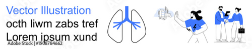 Healthcare, collaboration, respiratory health, teamwork, innovation, wellness. A diagram of human lungs and a group of professionals interacting. Healthcare and collaboration concept