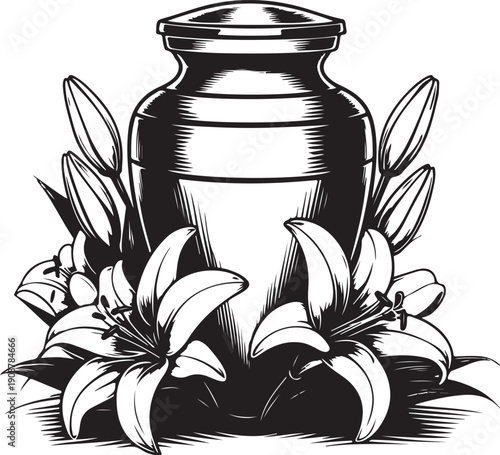 Cremation Urn with Ashes and White Lillies Hand-drawn Sketch Drawing Vector Illustration, Line Linear Symbol Engraving for Coloring Book, Black and White, Isolated