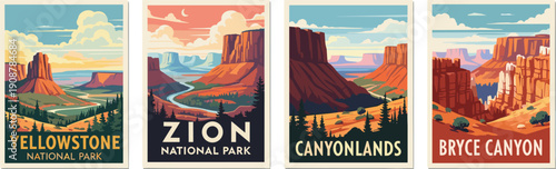 Aerial view of four national parks including Yellowstone, Zion, Canyonlands, and Bryce Canyon showcasing diverse landscapes and geological formations